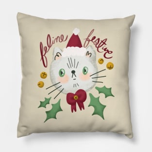 Feline Festive - Christmas cat illustration with bells and holly Pillow