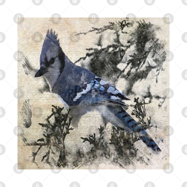 primitive christmas snow pine tree blue jay bird by Tina