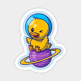 Cute Duck Astronaut Sitting On Planet Cartoon Magnet