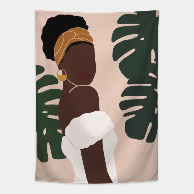 Black Woman Monstera leaves Tropical Tapestry by Trippycollage