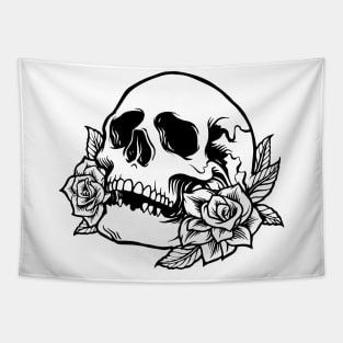 Drawn Skull with Roses Tapestry