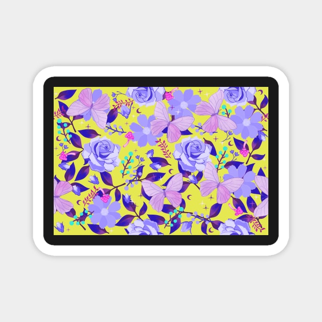 Purple Flora and Fauna Butterflies and Flowers on Chartreuse Yellow Magnet by FrostedSoSweet