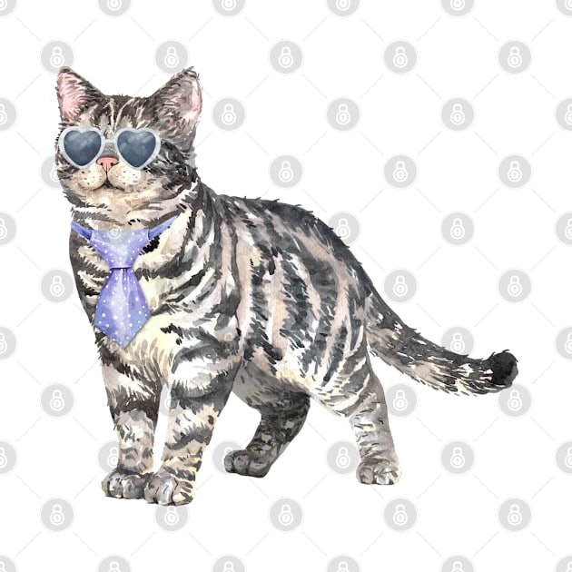 Funny Watercolor American Shorthair Cat Wearing Cravat and Sunglasses by labatchino