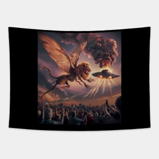 locust with lions head chasing UFO Tapestry