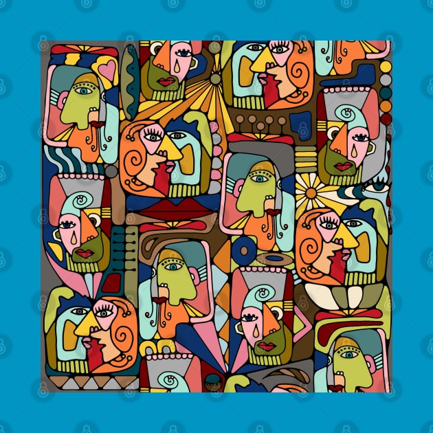 Cubist Picasso Style Faces In Mid Century Modern Colors by Slightly Unhinged