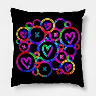 Funky neon rainbow gradient circles with hearts and x shapes Pillow