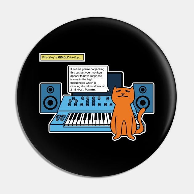 Cat on Music Studio Desk with Analogue Synth Pin by Atomic Malibu