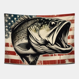 Retro Vintage Bass Fishing on American Flag Tapestry