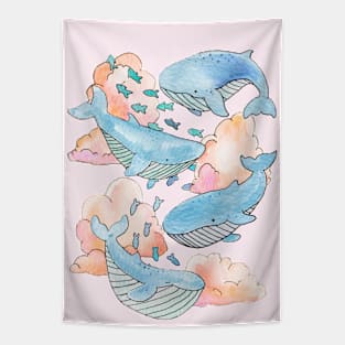 Aqua Blue Whales & Fish Swimming Within Dreamy Sunset Clouds Tapestry