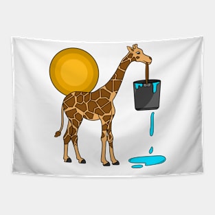 Cute giraffe with an overflowing bucket of water Tapestry