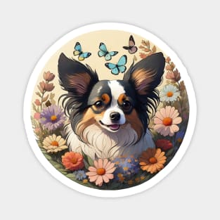 Papillon Surrounded By Spring Flowers Magnet