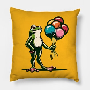 A frog holding a bunch of colorful balloons Pillow