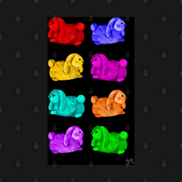 Luv Bunnies Galore - Rainbow on Black Background by Ipoole