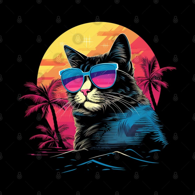 Retro Wave Japanese Bobtail Cat Shirt by Miami Neon Designs