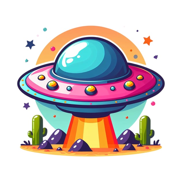 Colorful UFO Flying Saucer Over Desert by AhmedPrints