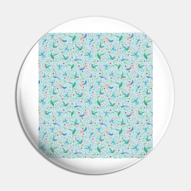 Colorful hummingbird with pink flowers and leaves on blue background Pin by PinataFoundry