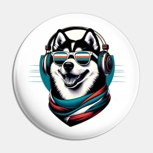 Karelian Bear Dog Smiling DJ with Headphones and Sunglasses Pin