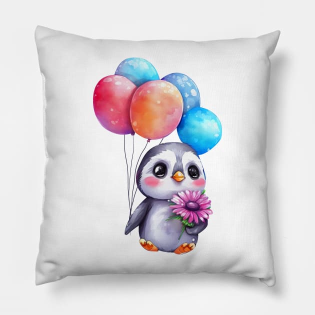 baby penguin holds balloon Pillow by abbeheimkatt