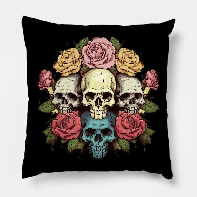 Colorful Sugar Skulls with Roses Pillow by TOKEBI