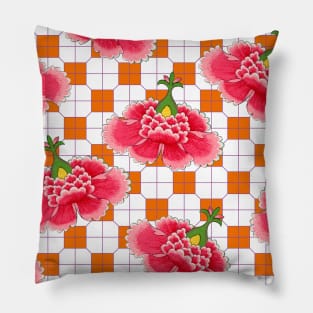 Chinese Vintage Pink and Red Flowers with Orange Tile - Hong Kong Traditional Floral Pattern Pillow