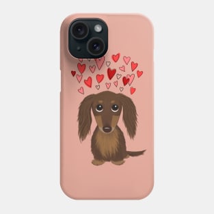 Cute Wiener Dog | Longhaired Chocolate Dachshund with Valentine Hearts Phone Case