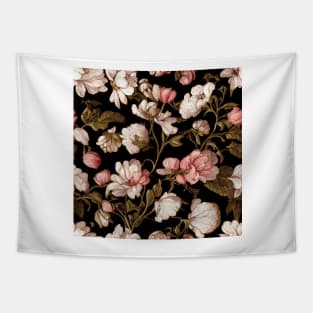 Brown and Pink Floral Pattern on Black Tapestry