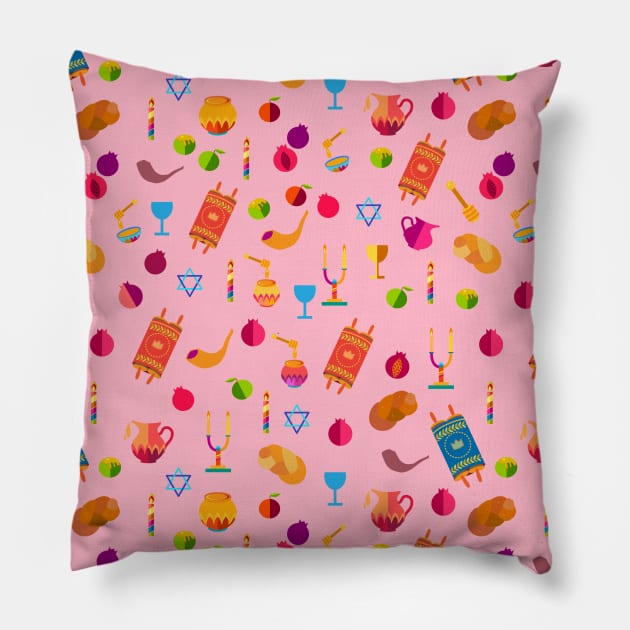 Happy Rosh Hashanah - Shana Tova! Autumn New Year Jewish Holiday Paty. Honey and Apple, Pink Color pattern Pillow by sofiartmedia