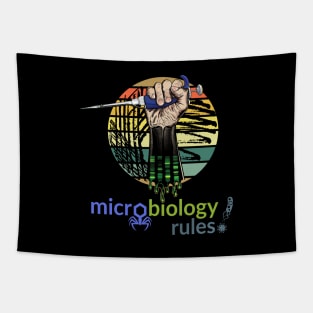 Microbiology Rules - pipette with fist and retro vintage distressed style petri culture plate Tapestry