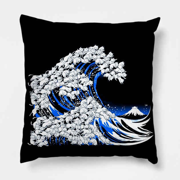 Kanagawa Cat Wave Black Pillow by Tobe_Fonseca