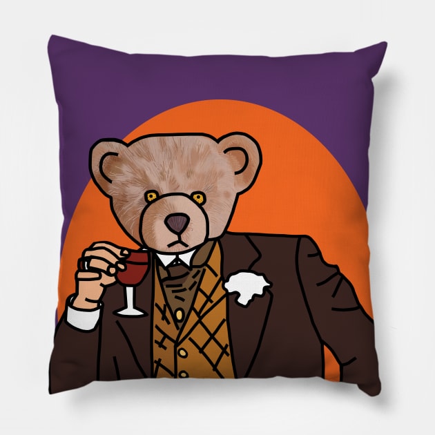 Memes Fun Portrait of Bear Drinking Wine Pillow by ellenhenryart