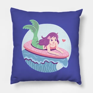 Mermaid Surfing on Pink Surfboard Pillow