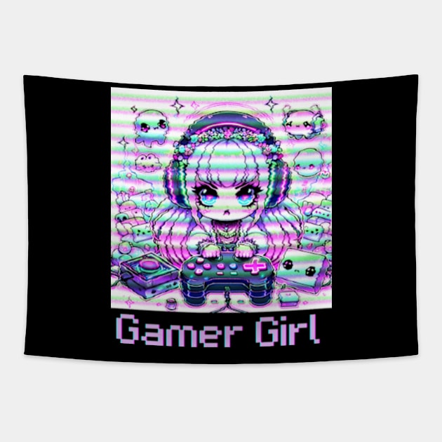 Gamer Girl Anime Retro Glitch Tapestry by Lavender Celeste