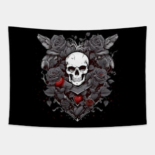 Dark Valentines skull surrounded by Roses Tapestry