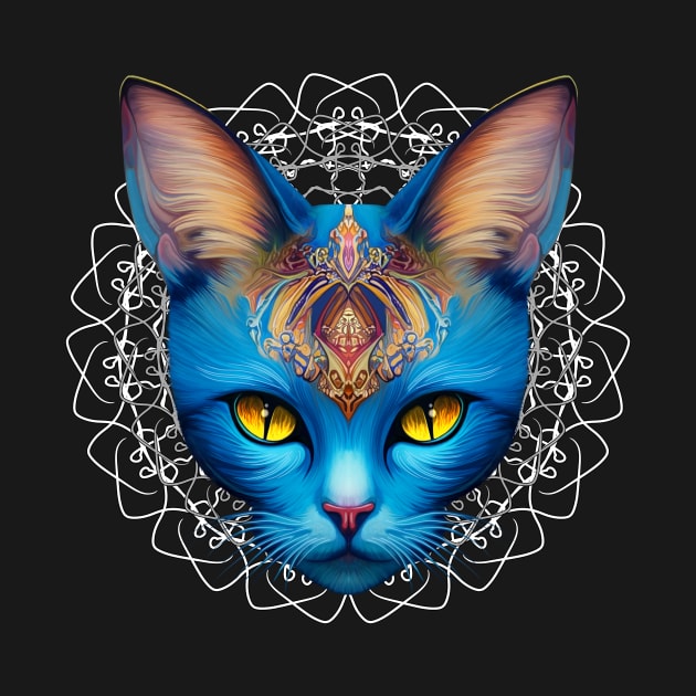 Cat Blue Divinity in Mandala Surreal Digital Art by BluedarkArt