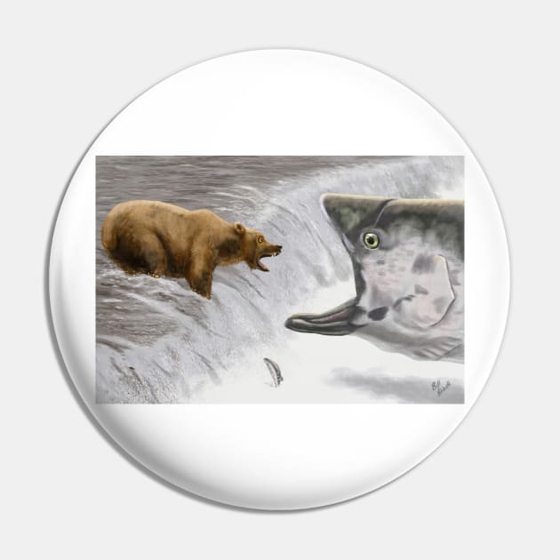 Funny Bear and Salmon Fishing Humorous Art Pin by abbottcartoons