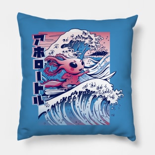 Vaporwave Surfing Axolotl Japanese Anime Style Great Wave Pillow