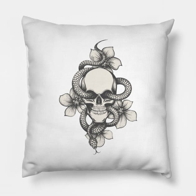 Skull with Snake and Flowers Pillow by devaleta