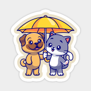 Cute Pug Dog And Cat Standing Under Umbrella Cartoon Magnet