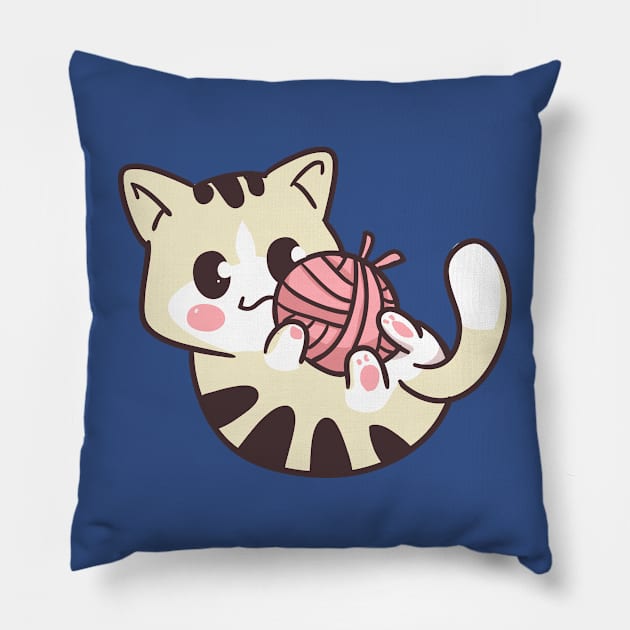 Kawaii Cat Playing With Yarn Ball Pillow by Illustradise