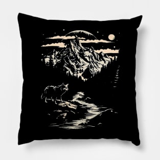 Majestic Wilderness: Lone Wolf and Mountain Landscape Tee for her for him, men and woman Pillow