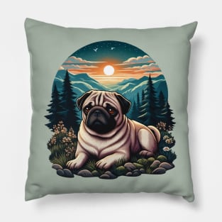 pug dog in the wild during sunset Pillow