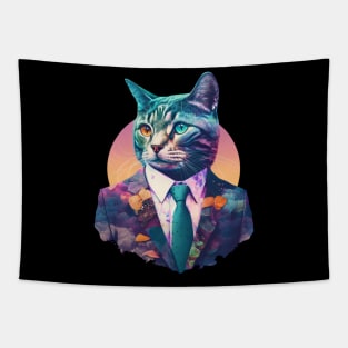 Retro Vaporwave Office Cat in a Suit Tapestry