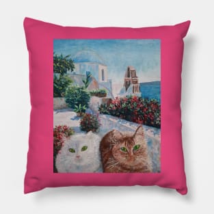 Santorini cats Oil painting Pillow
