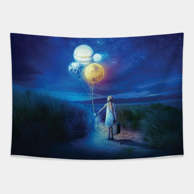 Girl With Balloon Planets Tapestry by VintageArtwork