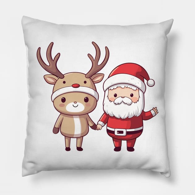 Santa and Rudolph hand in hand Pillow by Retroprints