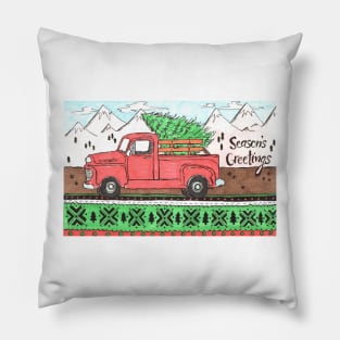 Season's Greetings Red Truck Pillow