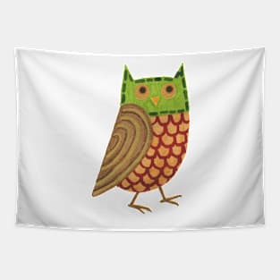 Owl Watercolor in Green Red Gold and Brown - Cute Baby Owlet Tapestry