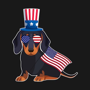 Dachshunds Uncle Sam Hat Sunglasses Usa Flag 4th Of July T-Shirt