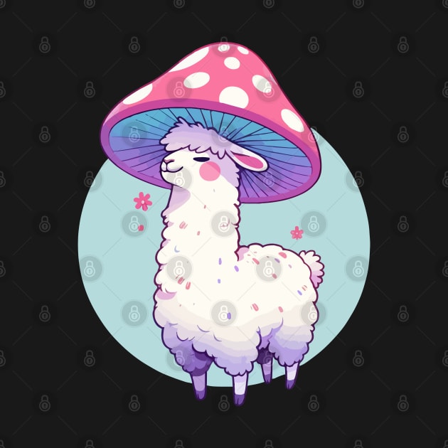 Kawaii simple smiling llama in Mushroom Hat by TomFrontierArt