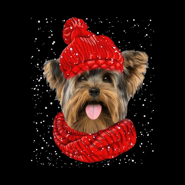 Yorkshire Terrier Wearing Red Hat And Scarf Christmas by Vintage White Rose Bouquets